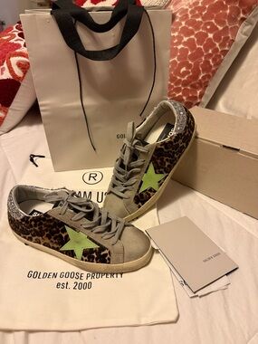 Golden Goose Leopard Print Sneakers with Green Star and Silver Heel